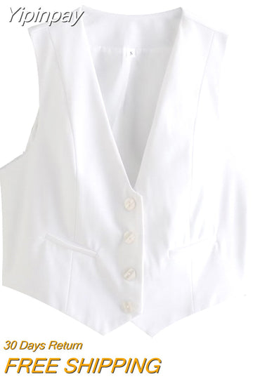 Yipinpay 2023 Fashion Women's Vest Summer Sleeveless Vests for Women Chic V-Neck Single-breasted Ladies White Waistcoat Tops New In